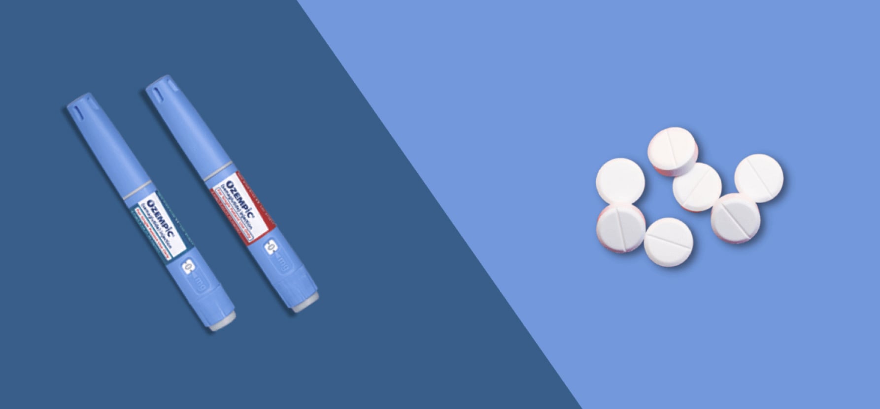 A blue and white background displays an Ozempic injection and white pill, representing weight loss solutions.